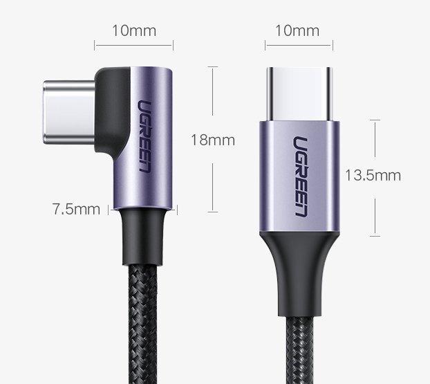 Ugreen USB-C to USB-C Cable 60W 3A 1m (Gray) - Straight/Angled Connector - Fast Charging PD QC