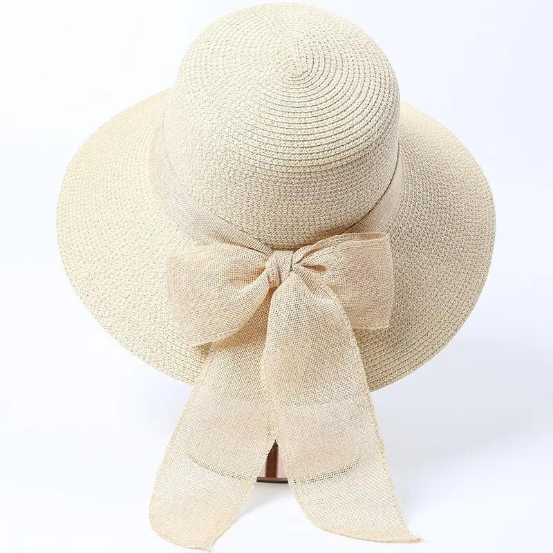 WTEMPO Elegant Casual Travel Beach Foldable Summer Hats with Bow Women's Wide Brim Solid Color Outdoor Sunscreen Hats