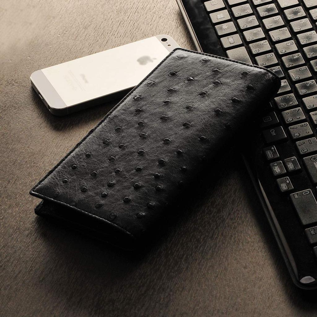 Мужской длинный кошелек Sankyo Shokai из кожи страуса, дизайн с полным покрытием, бифолд, на молнии, темно-коричневый