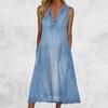 Джинсовое платье без рукавов с V-образным вырезом, термоусадочные карманы, женское платье миди с большим подолом, уличная одежда