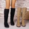 Pleated Boots Women Faux Suede Flock Knee High Boots 2024 Winter Women Fashion Slip On Square Low Heel Knight Booties Mujer