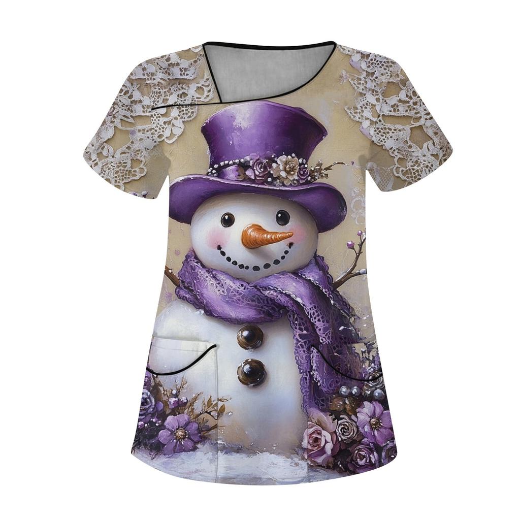 Женская рабочая одежда с рождественским принтом, покатый воротник и двухслойные карманы, базовый пуловер сверху