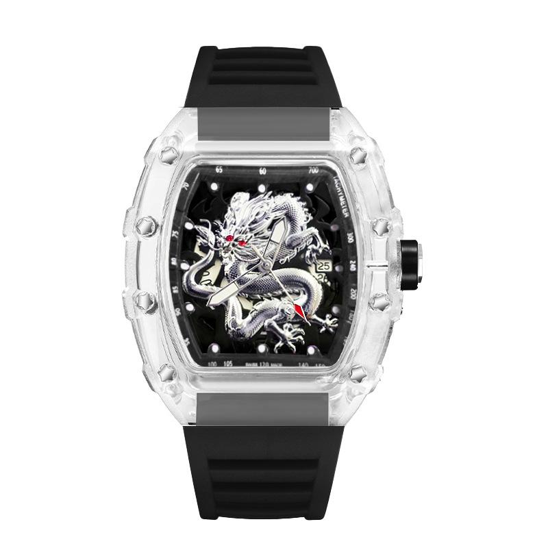 Доминирующий Высокоценный Модный Тренд Светящиеся Водонепроницаемые Мужские Часы в Форме Винной Бочки Серебряный Дракон