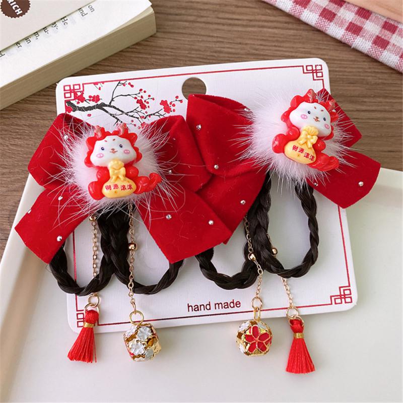Детские новогодние заколки для волос в китайском стиле, милые плюшевые банты, кисточки, украшения, заколки, шпильки, аксессуары для волос в стиле ханьфу для девочек