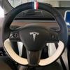 Для Tesla Model 3 Model Y 2018- Черно-белая кожаная чехол на руль автомобиля, сшитый вручную, нескользящий