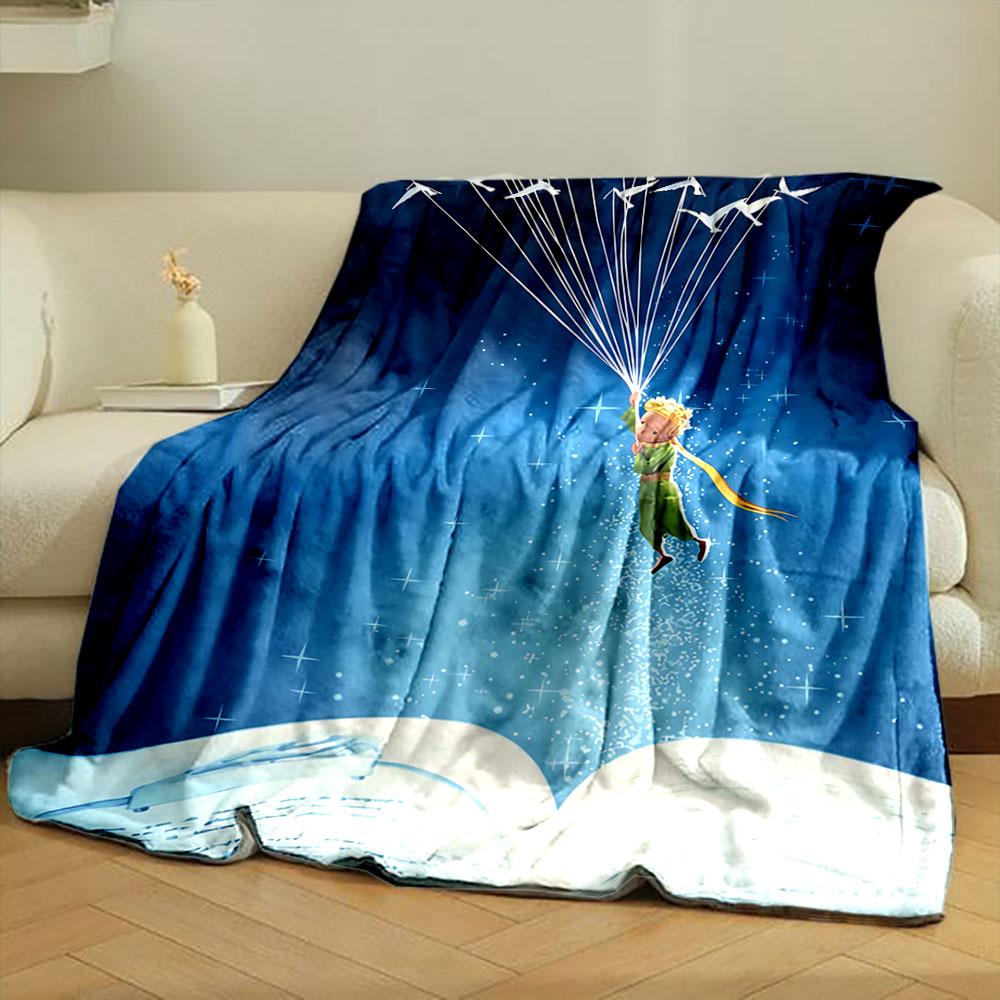 A boy floats with birds and strings above an open book in a starry sky. for all seasons blanket lunch break throw gift