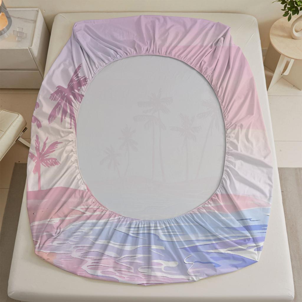 Pink Fitted Sheet Set Landscape Seaside Coconut Tree 3D Print 100% Polyester Mattress Covers Soft Bedding Set With 2 Pillowcases