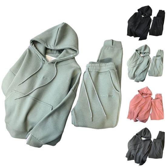 2 шт./компл. с длинными рукавами и вышивкой на шнурке, с буквенным принтом, эластичной резинкой на талии, карманами на флисовой подкладке, повседневная одежда, женская зимняя однотонная одежда