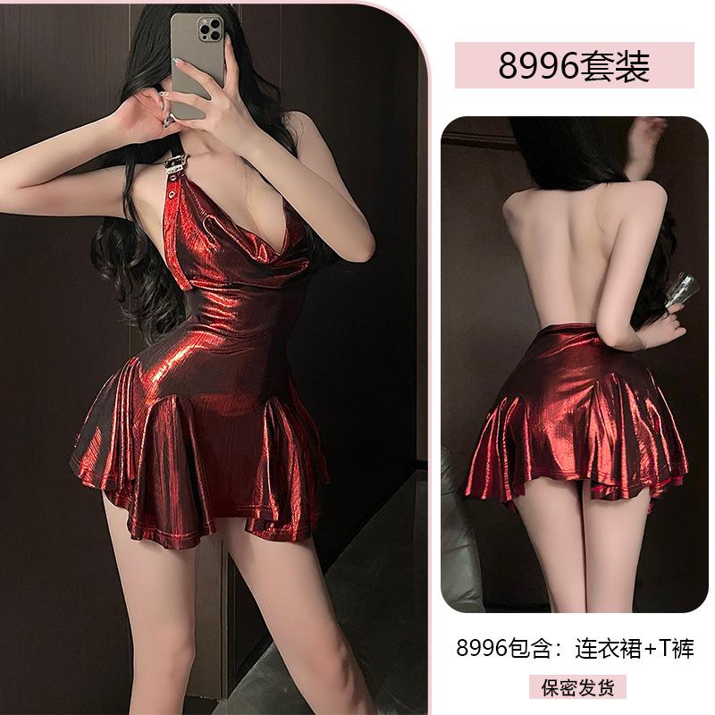 Sexy Purple Shiny gilded nightclub swing neck dress Women's romantic underwear Uniform Seductive pajamas 8996
