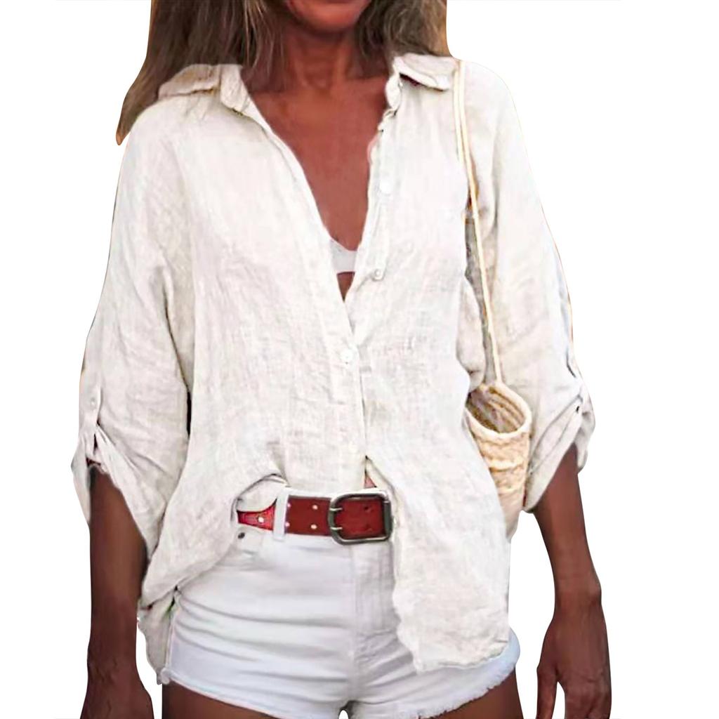 Женская летняя хлопково-льняная однотонная свободная рубашка с семиточечным рукавом и v-образным вырезом