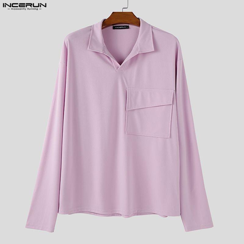 INCERUN Мужские футболки оверсайз с лацканами, длинным рукавом, однотонные, свободные, повседневные