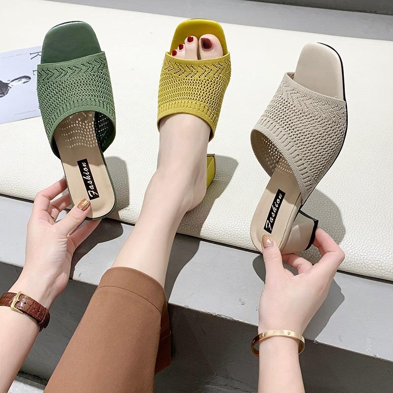 Medium heel cool slippers women's summer new fly-woven outer wear one-word fashion women's cool slippers
