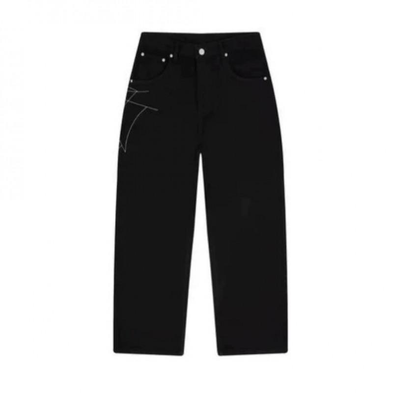 Unisex Streetwear Wide-Leg Straight Cut Denim Pants With Spiderweb Embroidery Loose Fit Mid-Rise Cotton Jeans