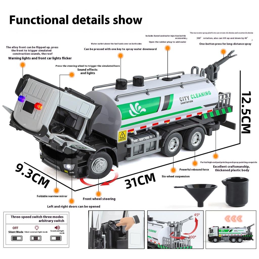Large city sprinkler truck model metal die casting simulation sound and light children's toy engineering car Christmas gift