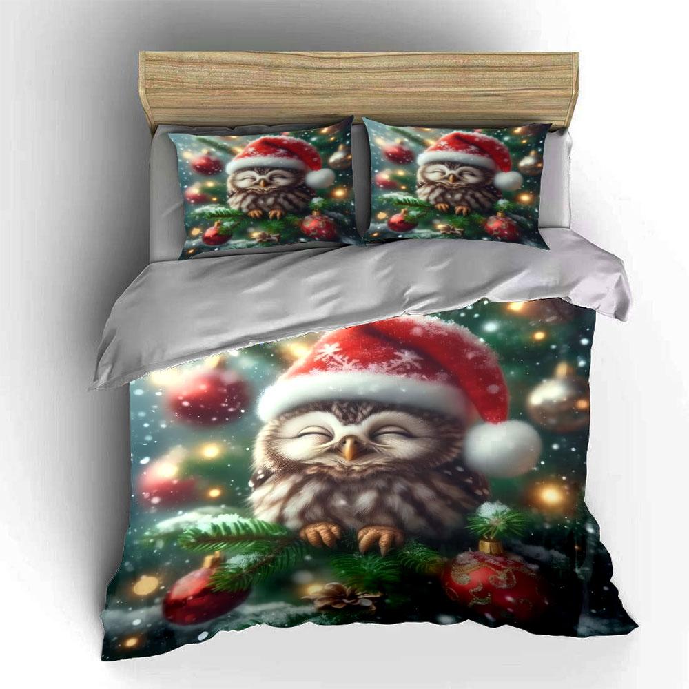 Christmas Owl with Santa Hat Bedding Duvet Cover Set (1*Duvet Cover 2*Pillowcases, without duvet insert)