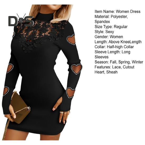 Out Hollow Women Dress Lace Skinny Sheath Solid Color Half High Collar Elastic Soft Flower Applique Cutout Heart Above Knee Mini Dress