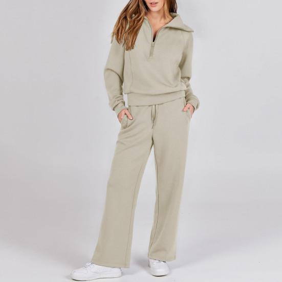2Pcs/Set Women Solid Color Casual Outfit Lapel Zipper Neckline Long Sleeve Sweatshirt Elastic Waist Drawstring Wide Leg Pants Set