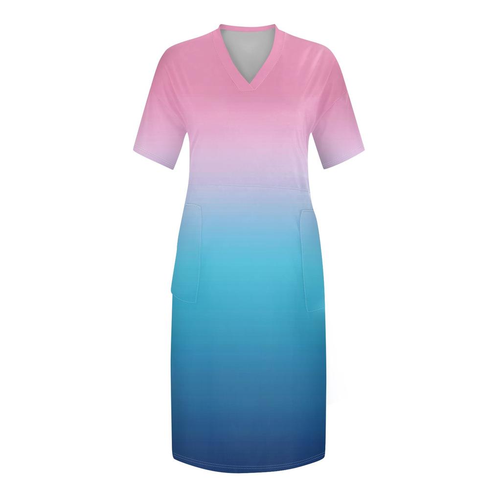 Лето плюс размер V-образным вырезом с коротким рукавом и карманом до колена с градиентным принтом повседневное платье для женщин