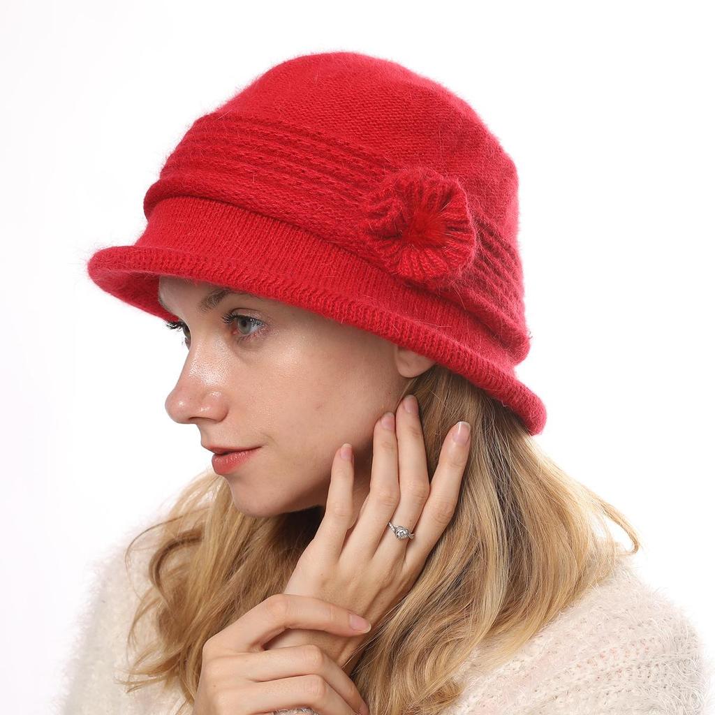 Women's Knitted Women's Rabbit Proof Wool Pot Hat Autumn Winter Thickened Warm Keeping Mother's Hat Flower
