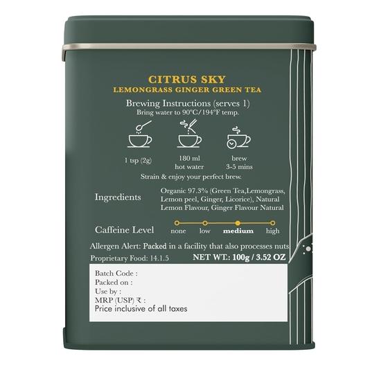 Luxmi Estates Citrus Sky Lemongrass Ginger Green Tea - 100gm Tin Loose Leaf | Certified Organic Darjeeling