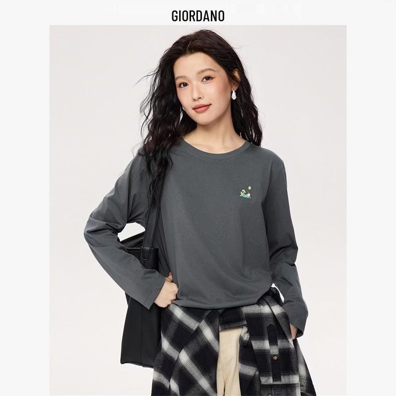 Giordano Women's Fall Pure Cotton Embroidered Dog Long-Sleeve T-Shirt