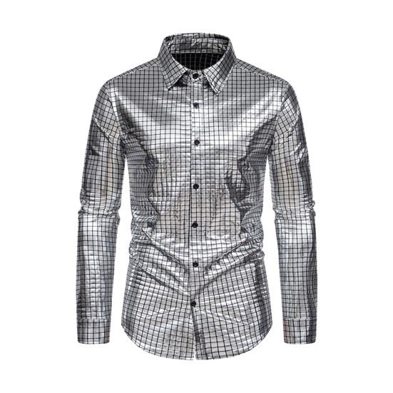 Мужская клубная рубашка с глянцевым отложным воротником и длинными рукавами, однобортная однобортная рубашка свободного покроя с пуговицами, костюм средней длины для сценического шоу