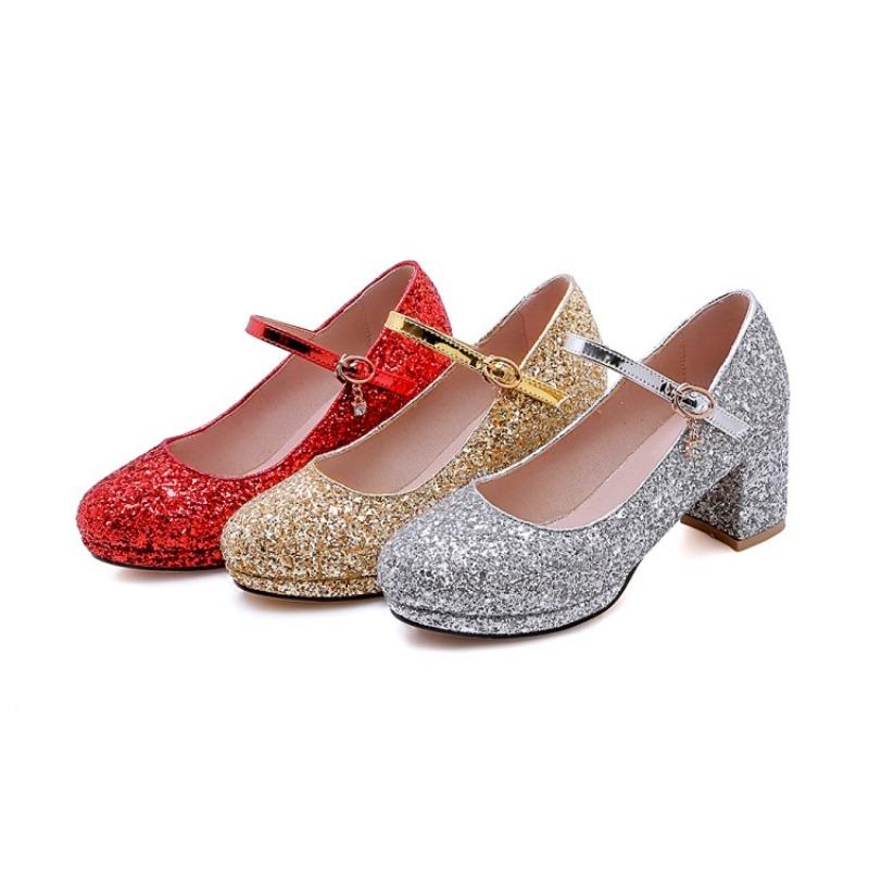 Women Glitter Golden Pumps Chunky Block Heels Platform Mary Jane Sequined Silver Shoes Woman Wedding Party 43