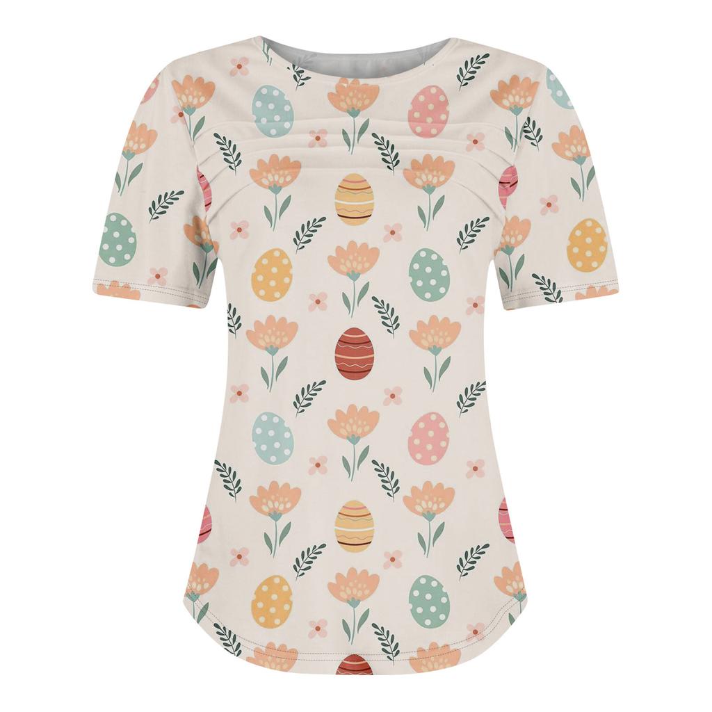 Ladies' Fashionable Printed Round Neck Pleated Short Sleeved Shirt