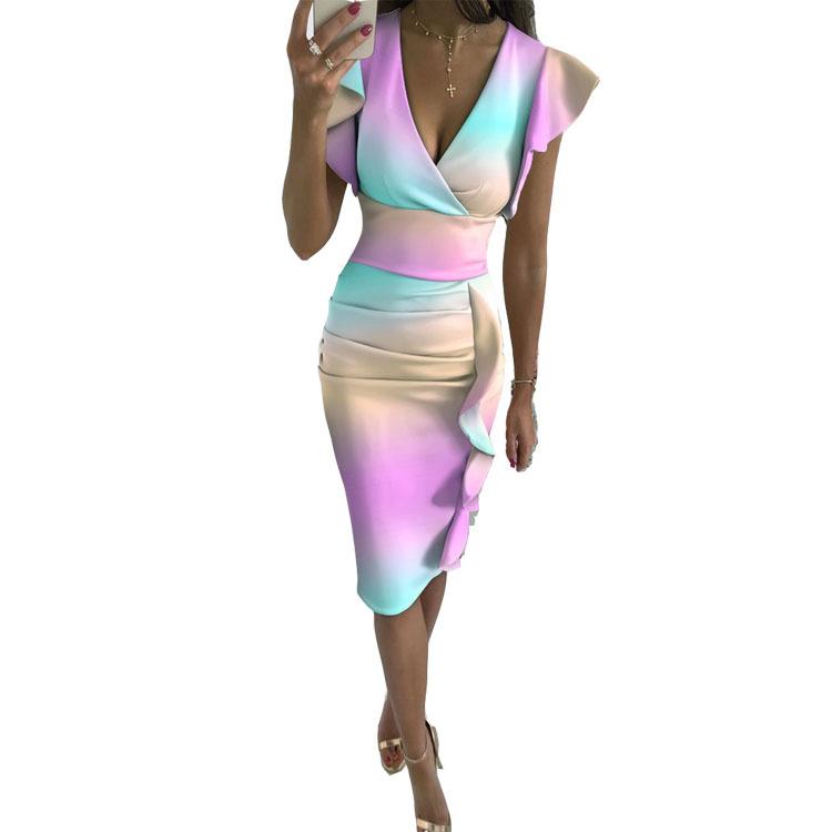 JKASHDK Women's Fashion Summer Spring Solid Color Print Short Sleeve V-Neck High Waist Casual Dresses