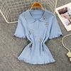Summer Women Polo Collar Short Sleeve Sequined Flower Knitted Sweater Pullover Tops For Student Girls