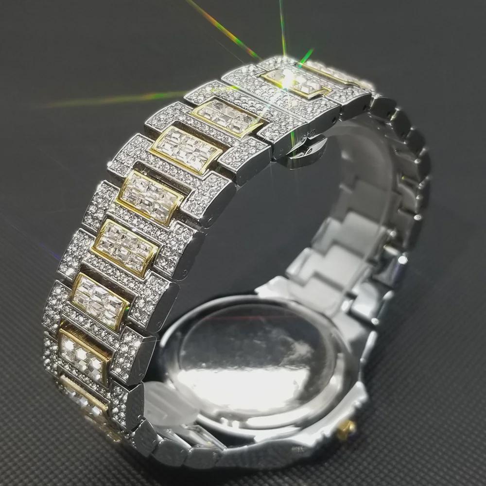 Hip Hop Iced Out Mens Watch Diamond Paved Analog Quartz Watch Waterproof Stainless Steel Luxury Wristwatch