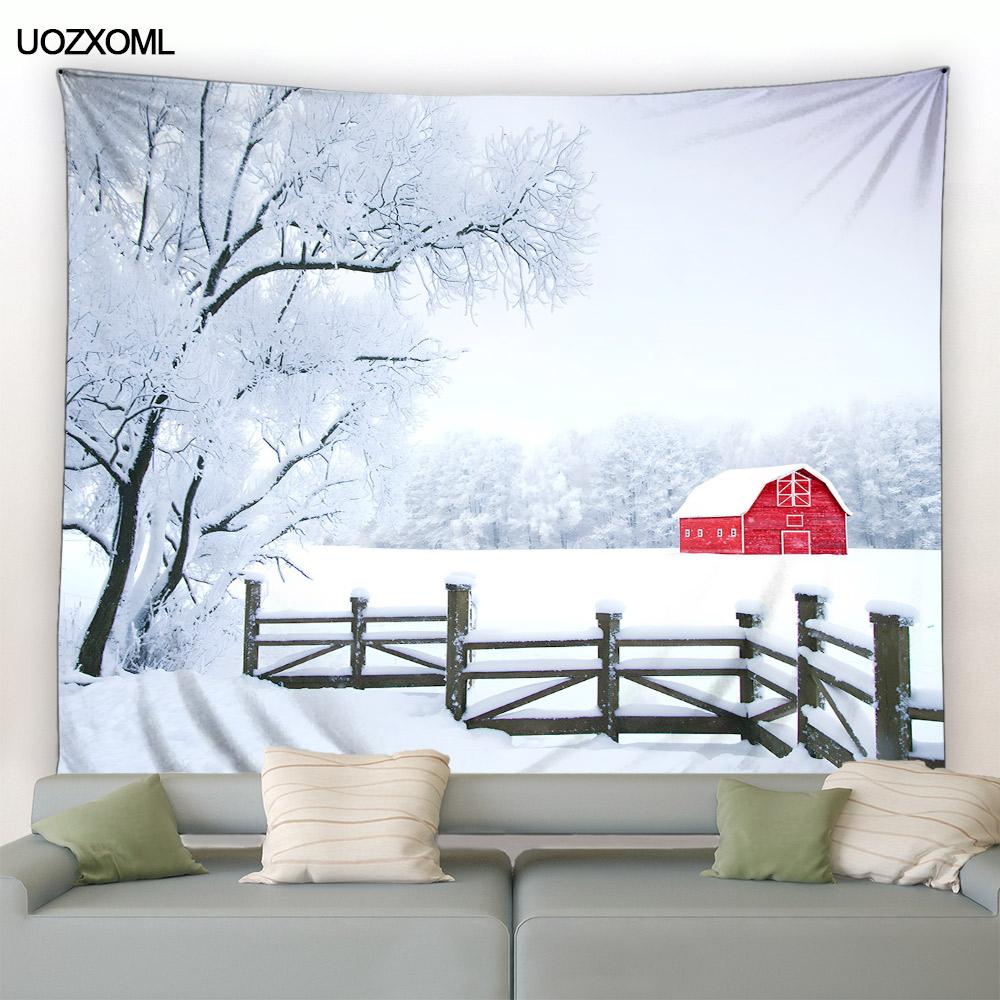Рождественский гобелен на стене, природный белый лес, снежный настенный большой гобелен для вечеринки, гостиной, спальни, общежития, домашний декор