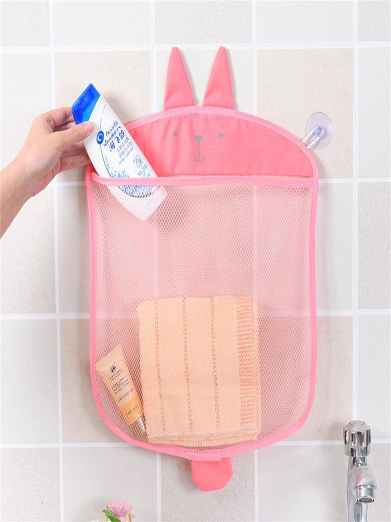 See-Through Mesh Fabric Storage Bag Multi-Purpose Suction Cup Storage Bag Cartoon Kitchen Storage Sundries Hanging Bag