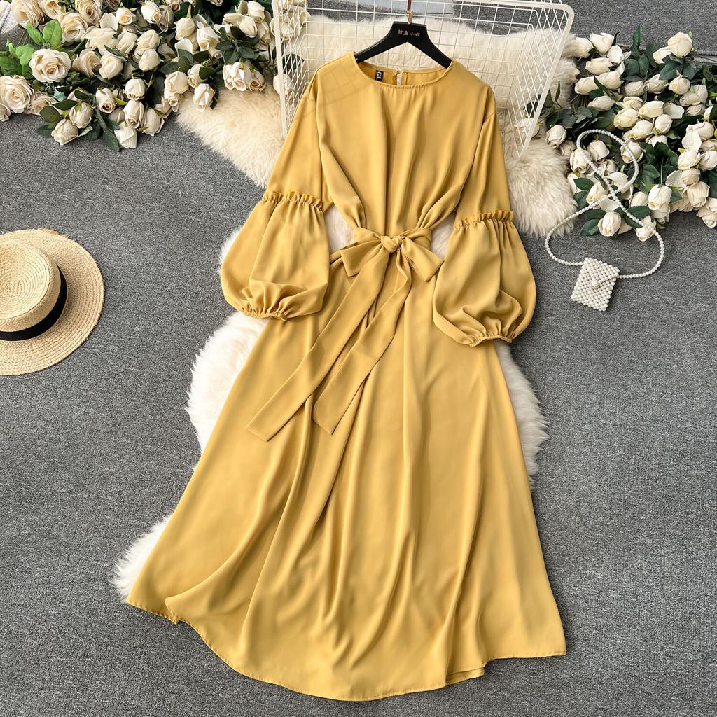 Женские винтажные милые платья средней длины с высокой талией А-силуэта с круглым вырезом и рукавами-фонариками на шнуровке Vestidos весна-лето Женское платье