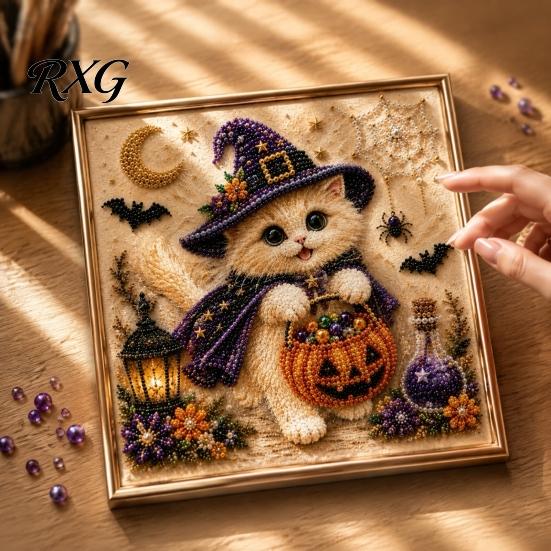 Cute Pet Themed Home Accents Halloween Witch Hat Cat DIY 3D Pearl Painting Kit with Frame, Hand-Pasted Art Craft for Adults, Relaxing Creative