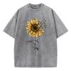 Sunflower And Butterfly Cotton Washed T-Shirt Women Prints Tops Summer O-Neck Oversized T Shirts Vintage Black Woman Clothes