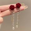 Sel Dangle Earrings Simple Red Rose Pearl Sweet Jewelry Shiny Rhinestone Bow Korean Style Earrings Female