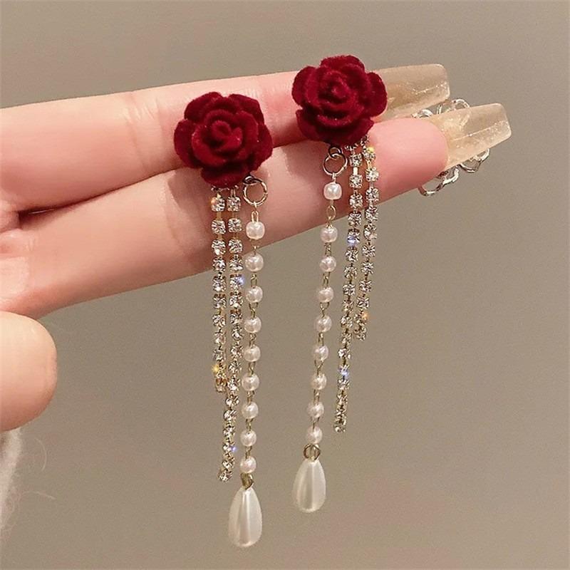 Sel Dangle Earrings Simple Red Rose Pearl Sweet Jewelry Shiny Rhinestone Bow Korean Style Earrings Female