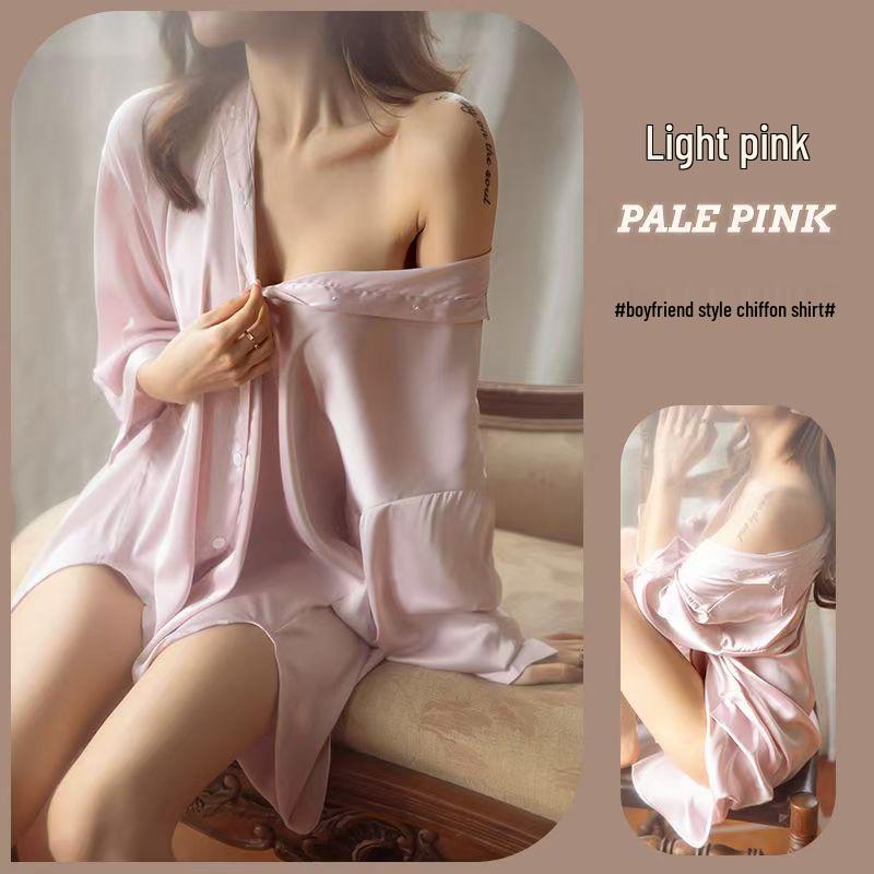 2025 Женская свободная ночная рубашка в стиле бойфренда, шелковисто-белая