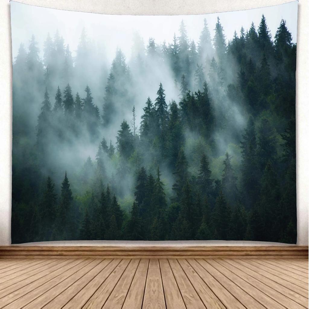 VIKAMA Misty Forest Tapestry Gradient Blue Pine Forest Nordic Minimalist Style Living Room Room Decoration