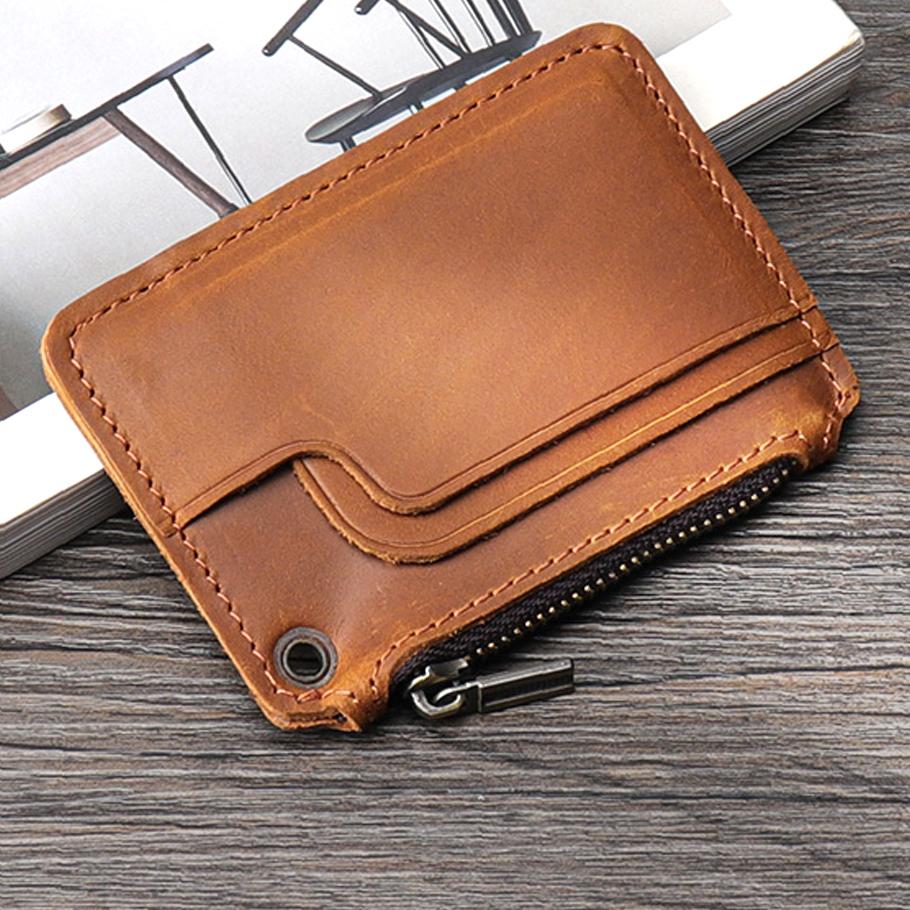 Retro Leather Card Holder  Change Bag  Mini Bag Cowhide Portable Zipper Hanging Key Thin Coin Bus Card Cover