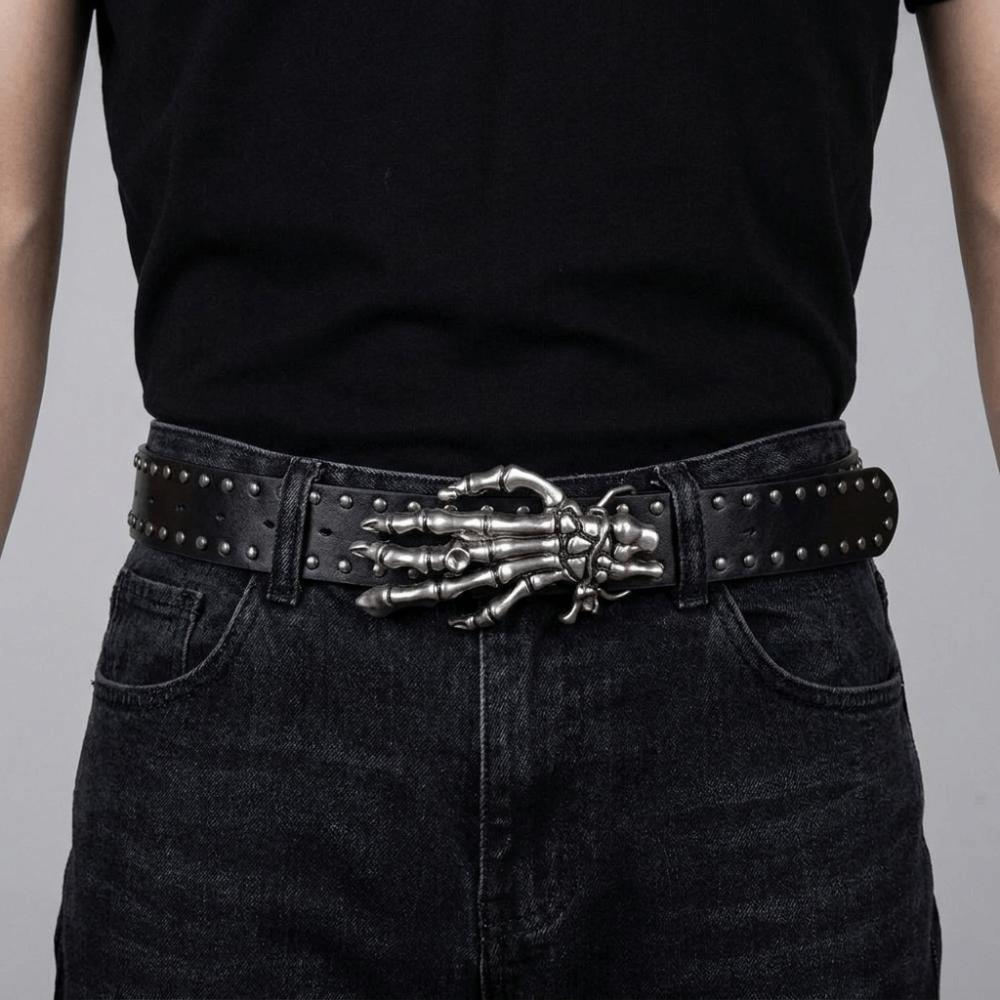 Wide Black Rivet Belt Cool Skeleton Claw Belt Vintage Skull Waistband Festival