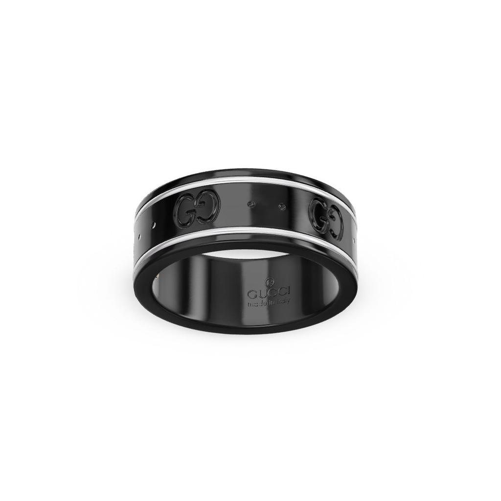 Gucci Icon Series Narrow European Style Glossy White 18K Gold Ring Men rings Black 225985-I19A1-8061