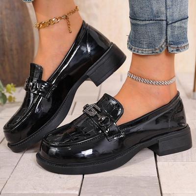 Модные лоферы из лакированной кожи с блестящей отделкой, женские, осень 2025, круглый носок, низкий каблук, удобные туфли-лодочки слипоны на мягкой подошве
