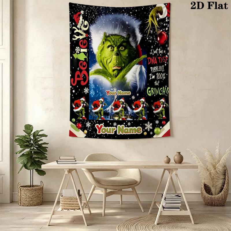 Name Custom Christmas Green Monster Wall Tapestry Aesthetic Wall Hanging Printed Fabric Blanket Decorative Tapestries for Bedroom Living Room Home Dec