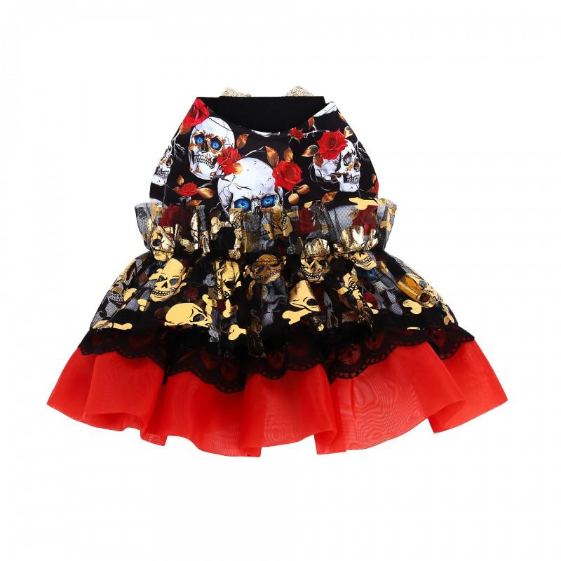 Pet Halloween Dress Small Dogs Cats Winter Princess Style Tulle Gold Foil Skull Design Red XS S M L XL