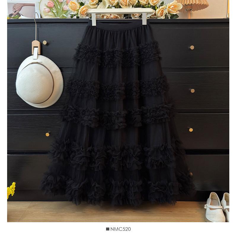 Стиль Sweet High Waist Макси Юбка из Кружевной Марли с Оборками