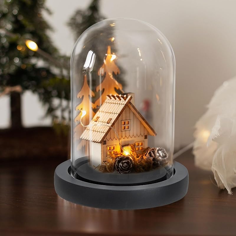 PATIKIL 15.5 x 15 cm clear cloche glass dome glass bell jar display case tabletop centerpiece With black wooden base for christmas interior decoration