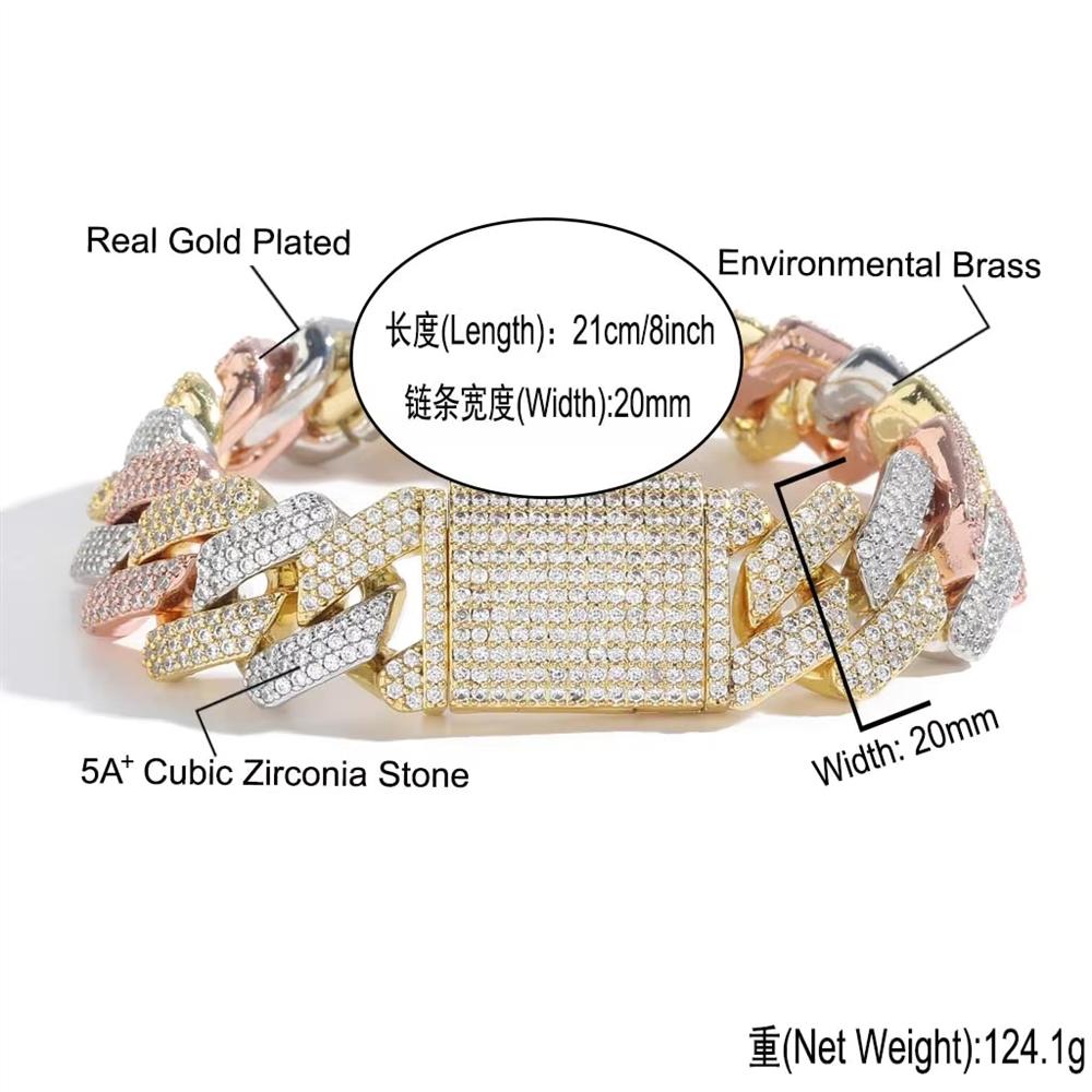 20mm Iced Out 5A CZ Brass Three Tones Prong Cuban Link Bracelet Box Clasp Hip Hop Jewelry for Men