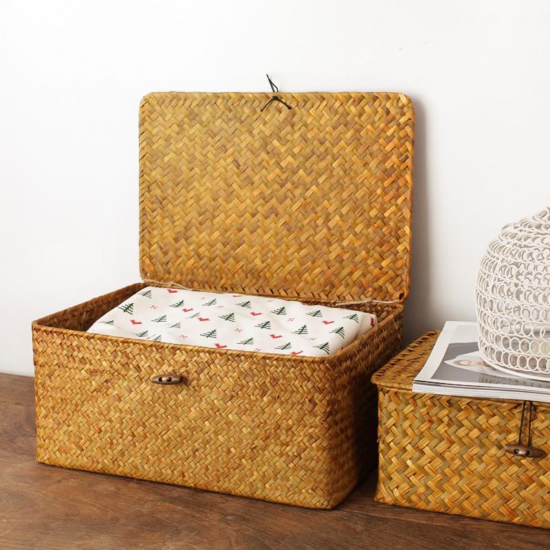 Woven Storage Baskets Wicker Storage with Lid Woven Storage Box Woven Natural Reed Storage Basket for Bookshelves Desks